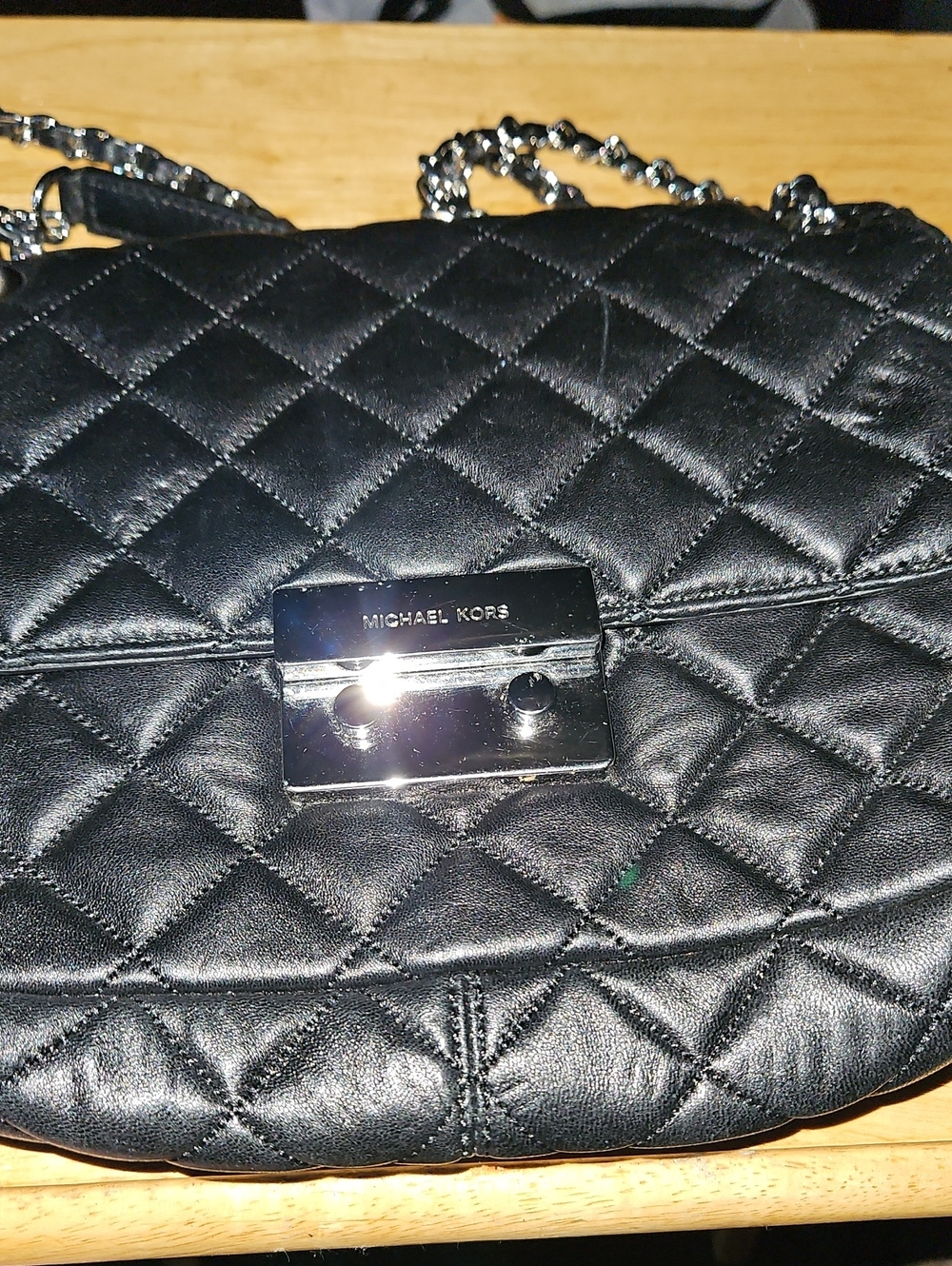 Michael Kors Black Quilted Leather Crossbody with Silver Chain